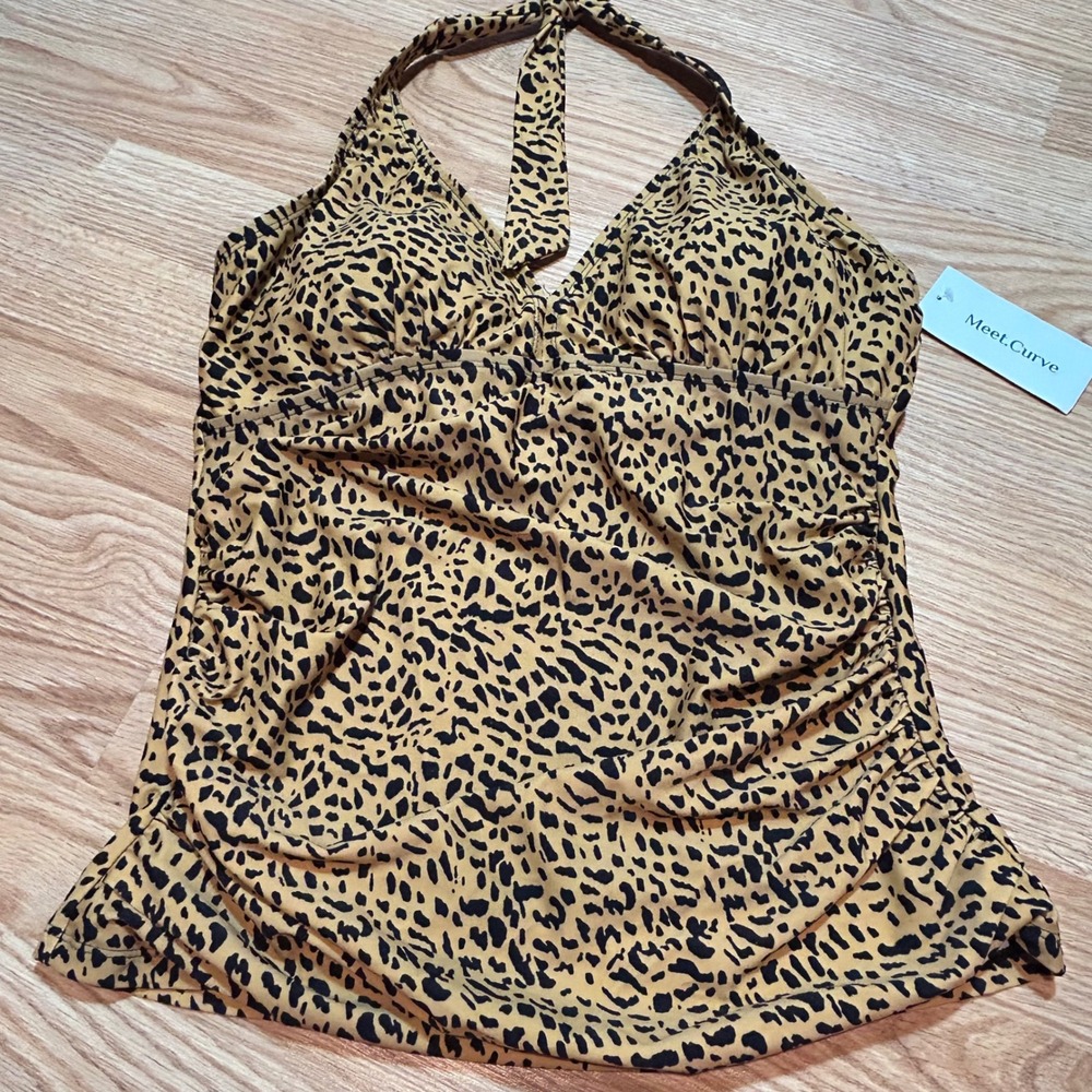NWT Meet.Curve Cheetah Print Halter Tankini Top‎ Ruched Tummy Control  L